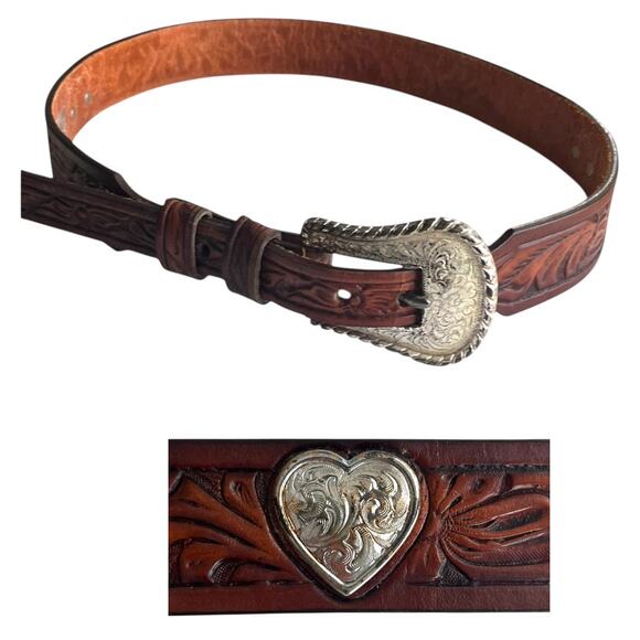 Justin Accessories - Vintage Justin Womens Leather Belt Heart Cabochon Detail Brown Silver XS/S/M?